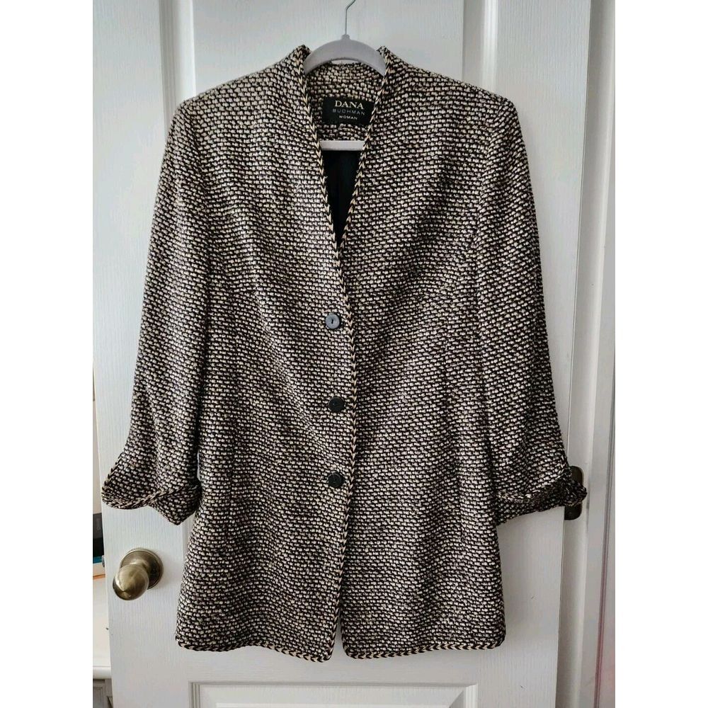 DANA BUCHMAN Women's BLACK GOLD WOOL BLEND knit COAT JACKET Size 14